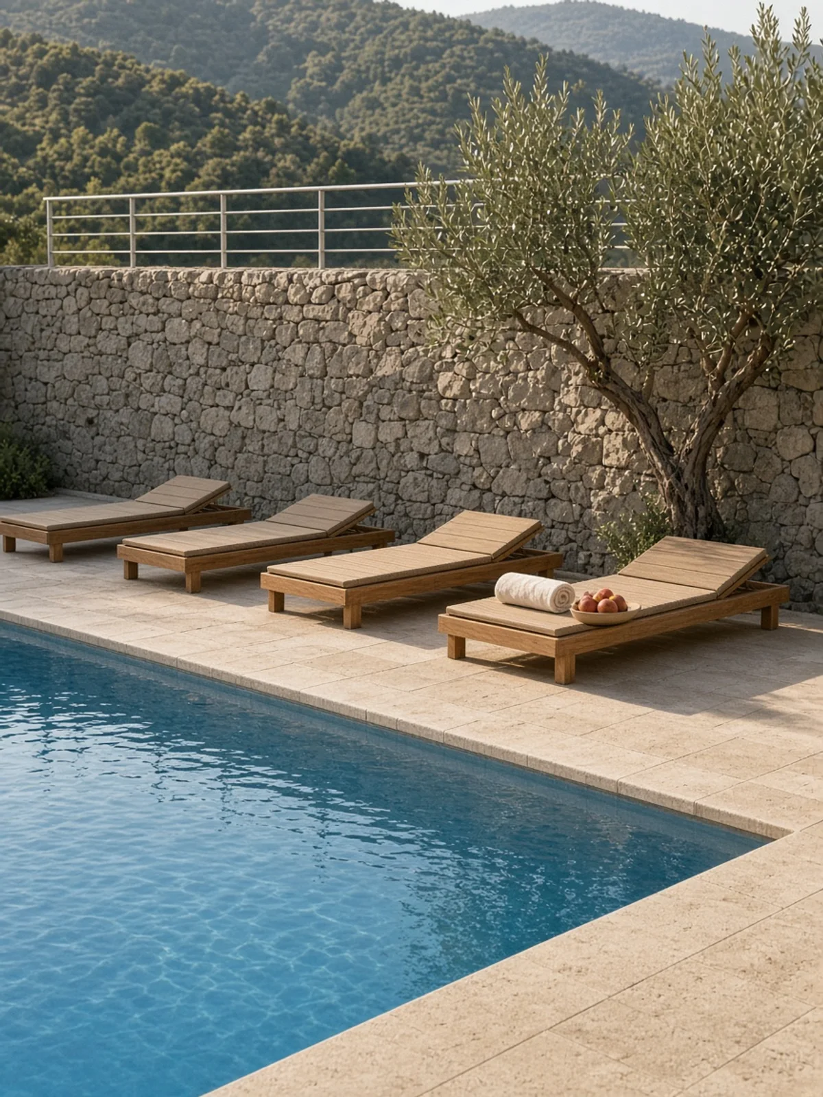 Wooden loungers beside the pool, a towel and a bowl of fruit, hills beyond the stone wall